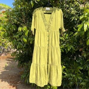 Sancia green cupro viscose satin short sleeve pleated‎ tiered button down midi